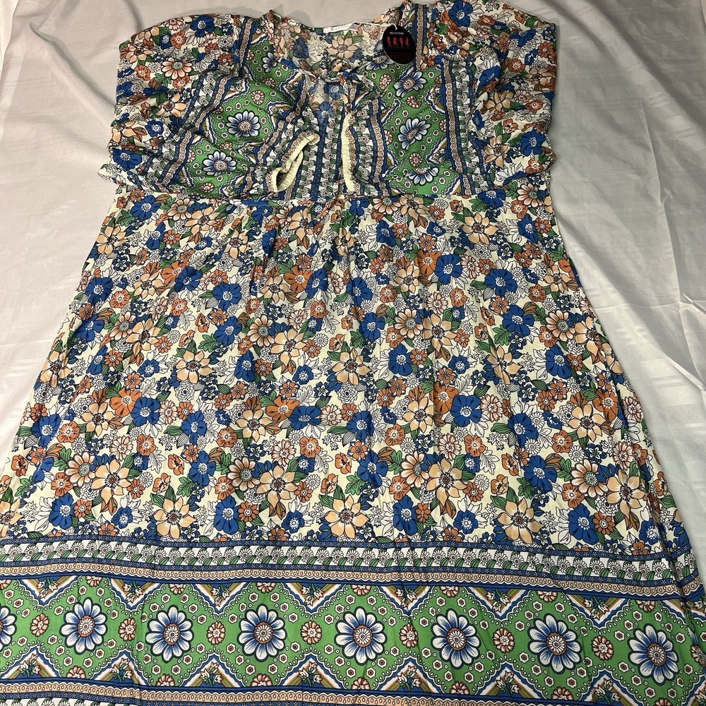 Bluetime Women Dress Boho V-Neck 3/4 Sleeve Babydoll Floral Festival Flowy 2XL - Picture 9 of 14